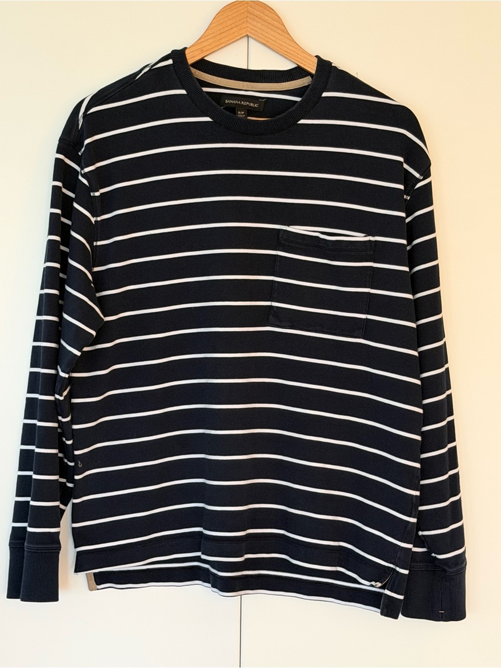Banana Republic Navy and White Striped Long-Sleeve Pocket Tee